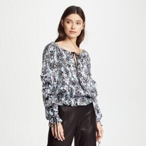 Robert Rodriguez Blue Floral Silk Ruffle Blouse